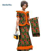 new vintage african clothes draped tops and skirt sets with head wrap for women bazin african 2 piece skirt sets clothing wy3171
