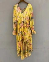new 2022 autumn fashion style dress high quality women v neck sweet floral prints sexy front short back long dress yellow pink