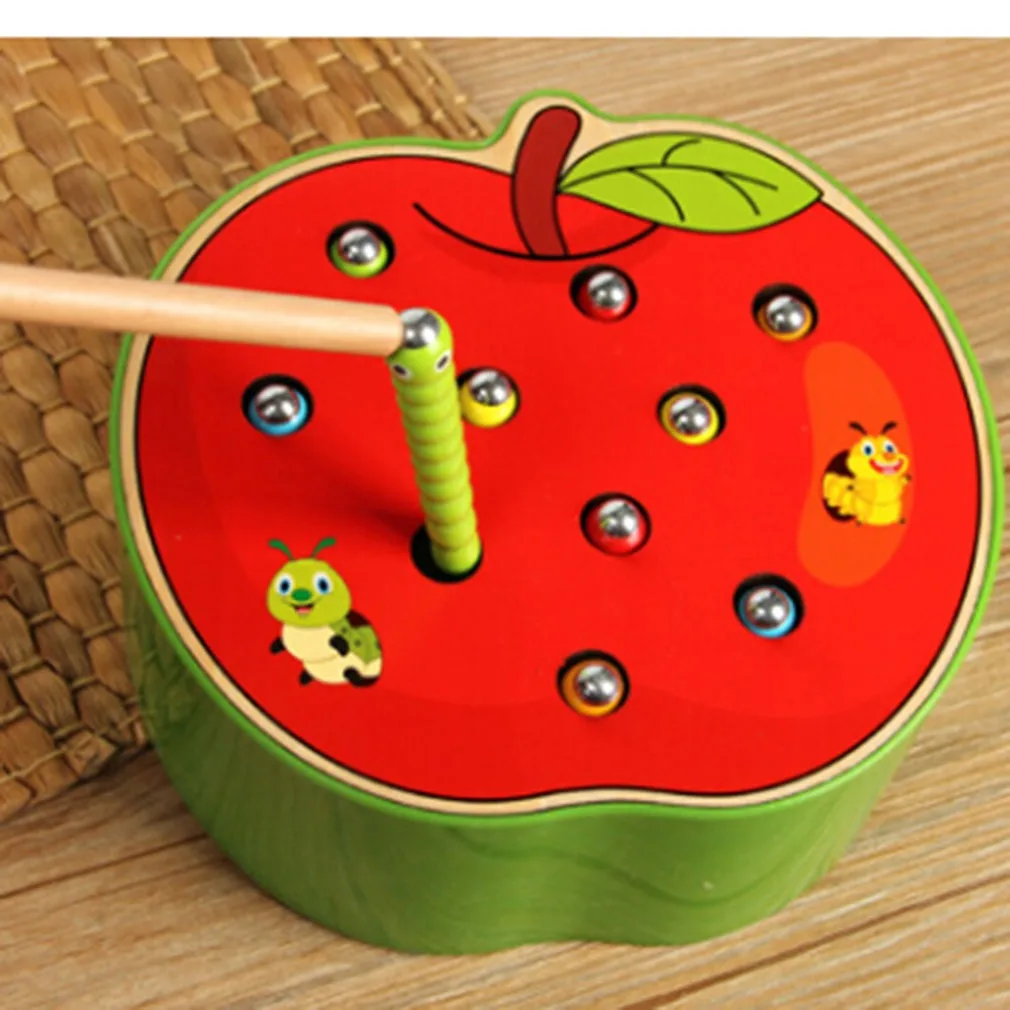 

Funny Apple Strawberry Shaped Catch Bal Insect Game Toy Montessori Wooden Magnetic Stick Worm Educational Toys for Kids Baby Boy