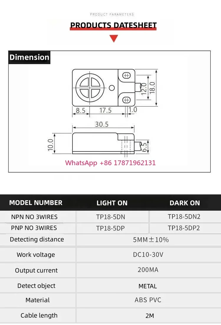 плоский TP18-5DN2 NPN NC Больше спецификации квадратный небольшой датчик приближения