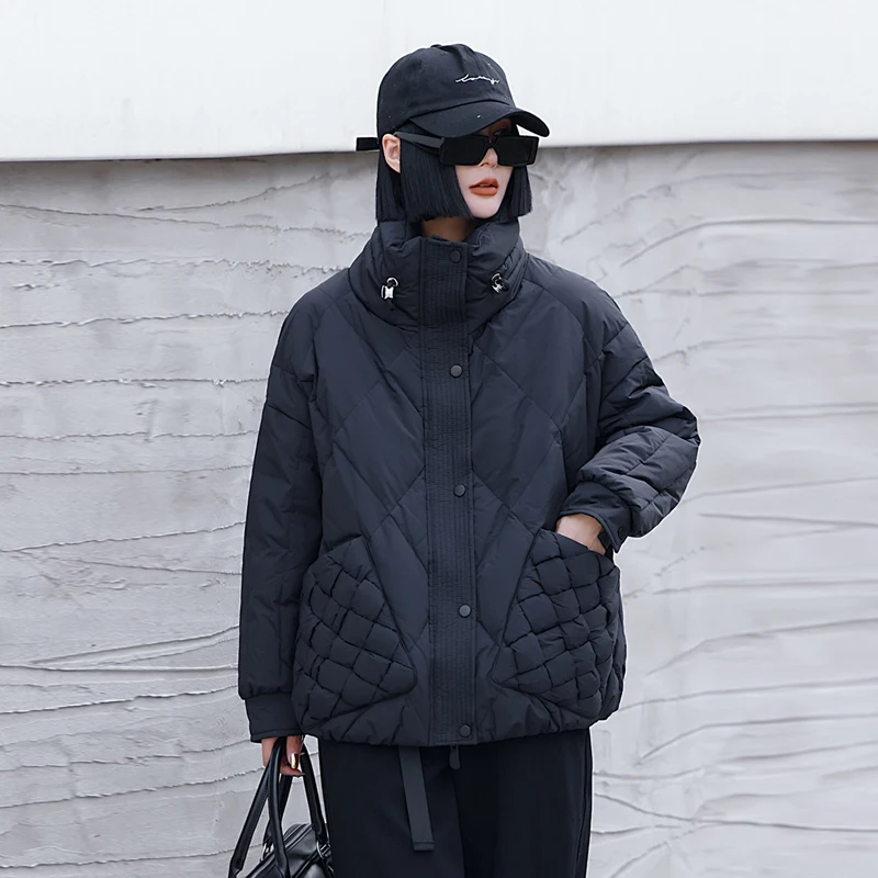 Vintage Women Winter 90% white duck down jacket Khaki 2023 New trendy Knit pockets parkas Long sleeve puffer coat INKEO 2O341