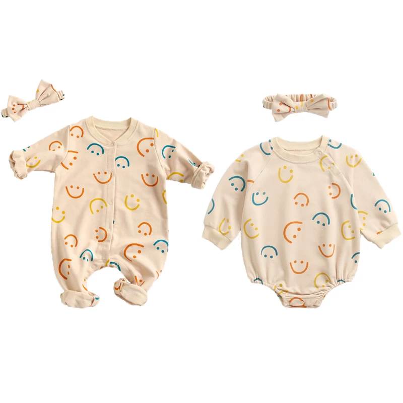 

Newborn Spring and Autumn Cartoon Printing Triangle Crawling/Long Climbing + Hairband Baby Romper Sweet And Casual 0-3 Years Old
