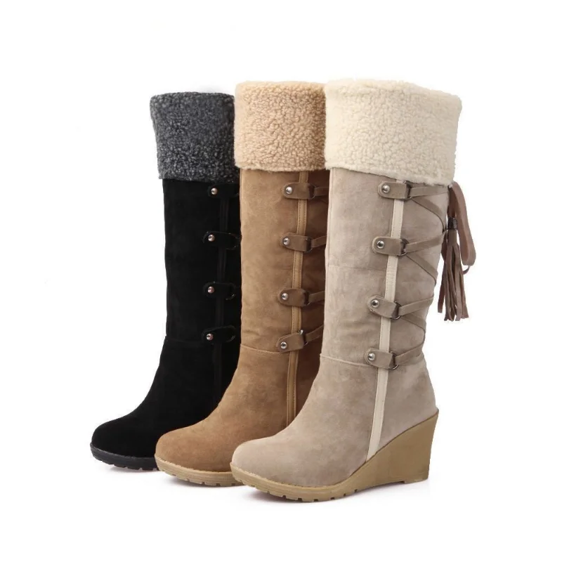 

2022 Winter Women's New Plus Size Fashion Fringed High Tube Warmth Fashion Wholesale Wedge Shoes Strap Snow Boots