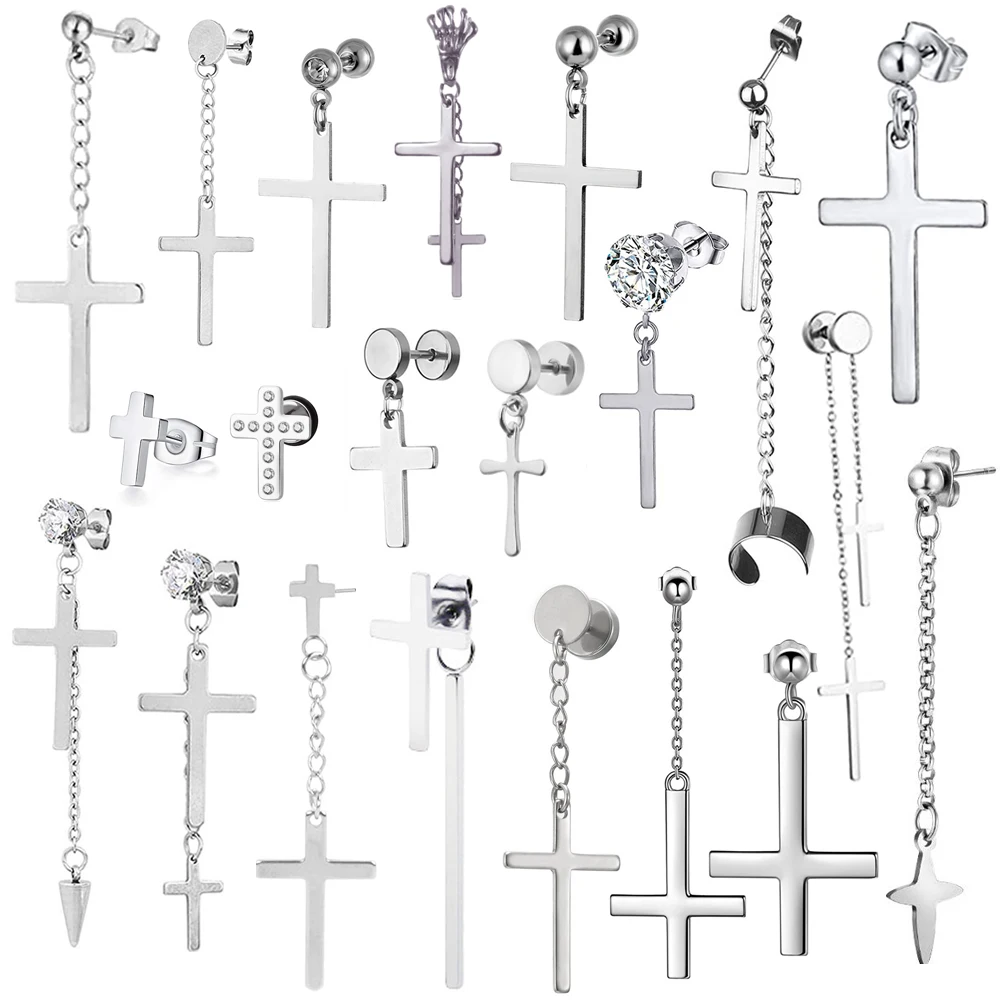 

1 Pair Punk Gothic Stainless Steel Stud Cross Round Piercing Drop Earrings Fashion Women Men CZ Earrings Rock Jewelry