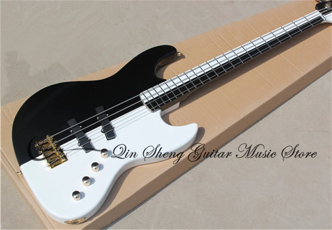 

4 string bass guitar,Jaz Bass,white and black bass,golden bridge,gold switch,basswood body maple neck
