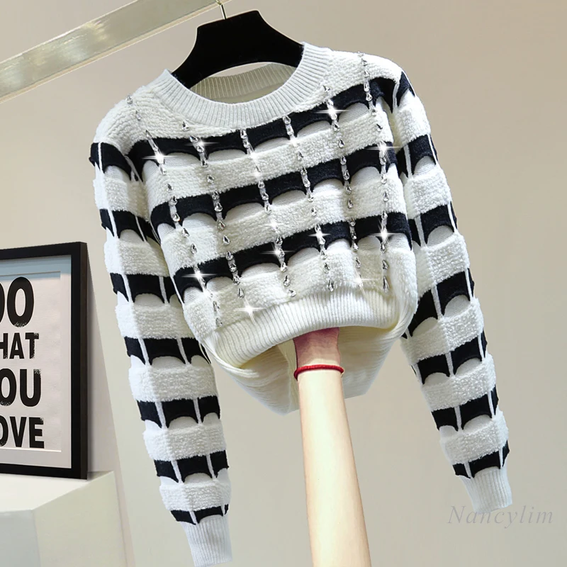 

Striped Long Sleeve Women's Knitted Sweater Autumn Winter Korean Style Slimming High Waist Short Diamond Round Neck Sweater