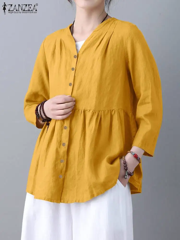 

Винтажная женская рубашка ZANZEA с V-образным вырезом и рукавом 3/4, Осенние повседневные однотонные хлопковые топы, женские свободные блузы на пуговицах, рубашка, блузка