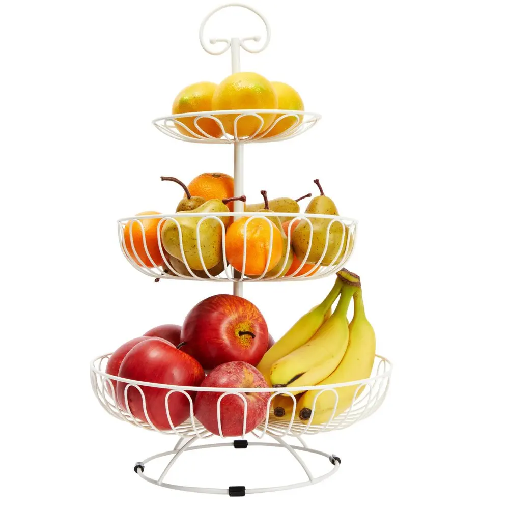 

White Metal Fruit Basket for Kitchen, Large 3 Tier Bowl for Holding Fresh Produce, Fruits and Vegetables, Counter, Pantry Decor,