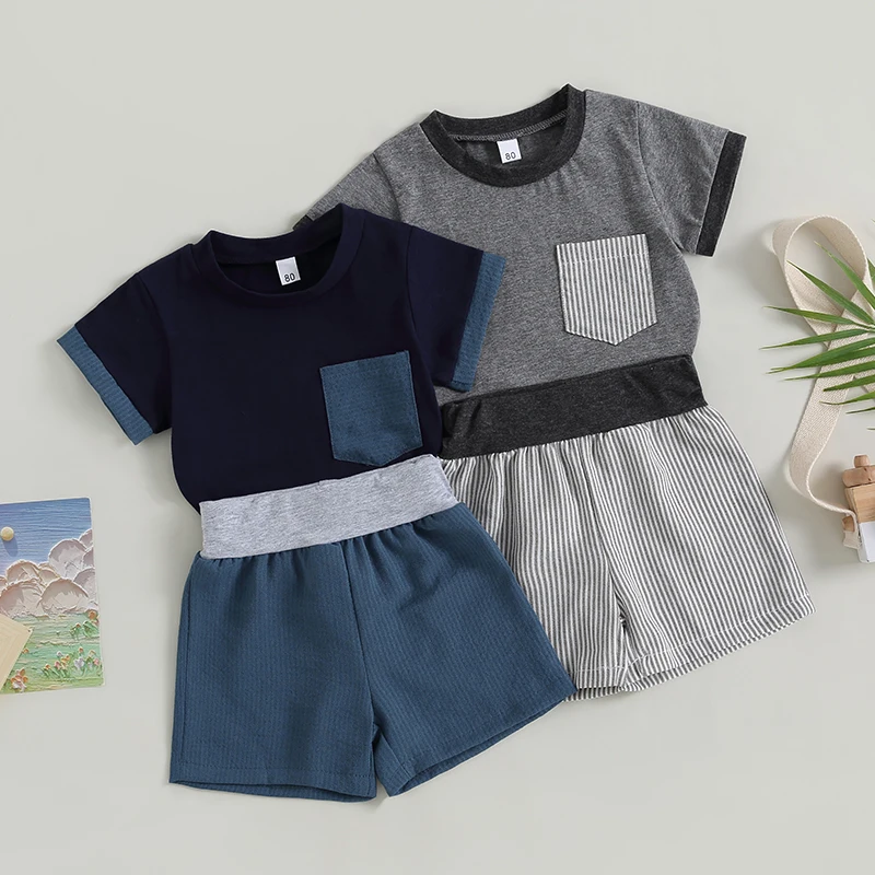 

Toddler Boy Outfits Contrast Color Pocket Short Sleeve Crew Neck T-Shirts and Elastic Waist Shorts 2Pcs Clothes Set