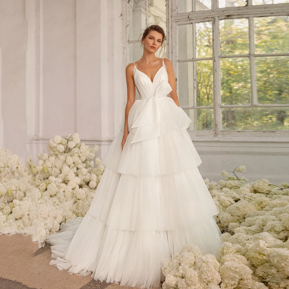 

Boho Princess Wedding Dresses 2023 Spaghetti Straps A-Line Bridal Gowns Floor Length Tiered Tulle White Glitter свадебное платье