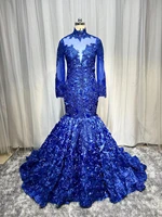 long sleeves plus size sequined lace appliques prom dresses 2022 mermaid royal blue celebrity sexy african formal evening gowns