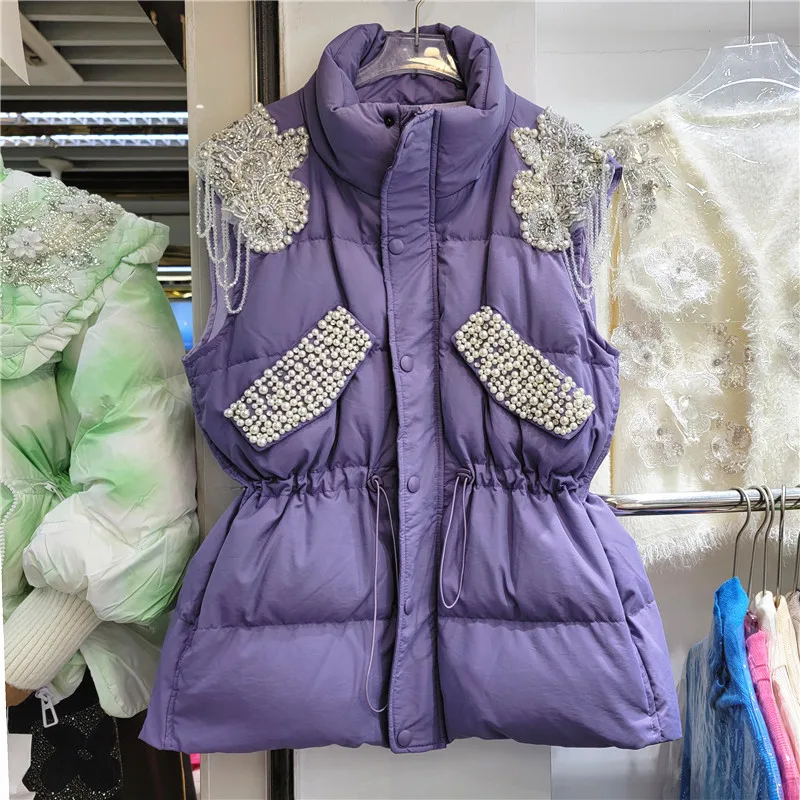 

Sweet Thick Vest Coat Women's Winter New Korean Style Cotton-padded Parka Girls Beads Diamond Padded Warm Sleeveless Waistcoat