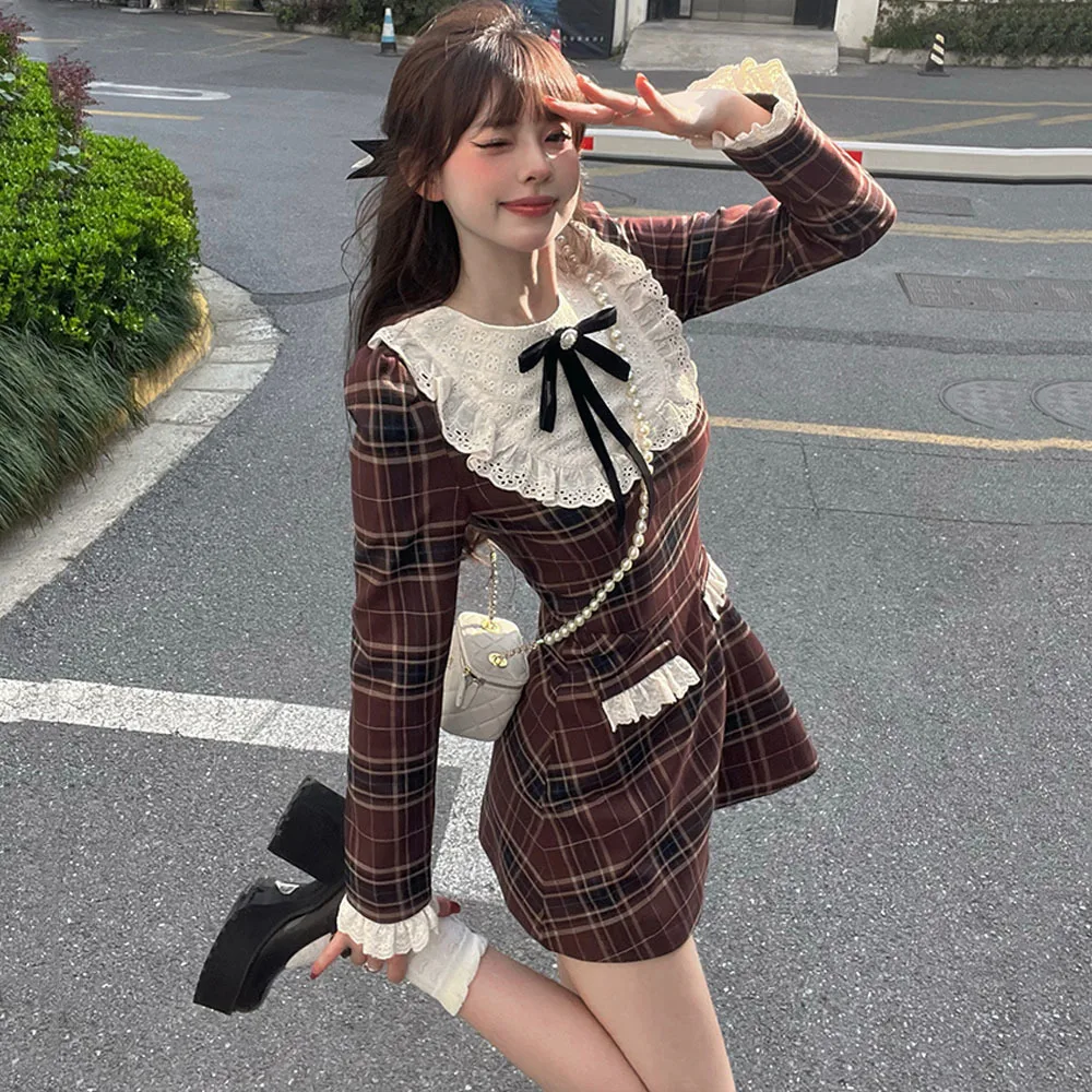 

Women Mini Dress Autumn 2022 Plaid Lace Bowknot Sweet Slim Dress Ladies Fashion Long Sleeve Kawaii A-line Short Dresses Girly