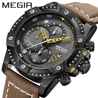 megir military style new personality watch outdoor genuine leather large round dial chronograph luminescent waterproofbox2130