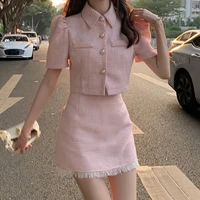 new 2022 summer elegant tweed two piece set womans puff sleeve single breasted crop tops jacketfringed mini skirt female suits