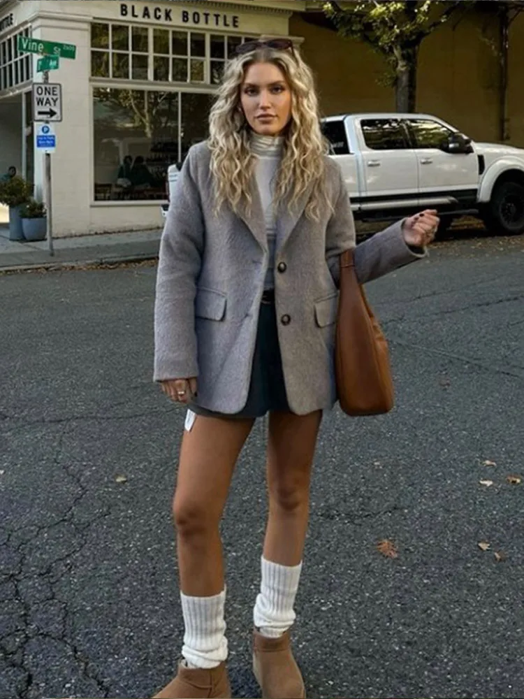 Повседневное однотонное женское пальто с лацканами элегантное однобортное