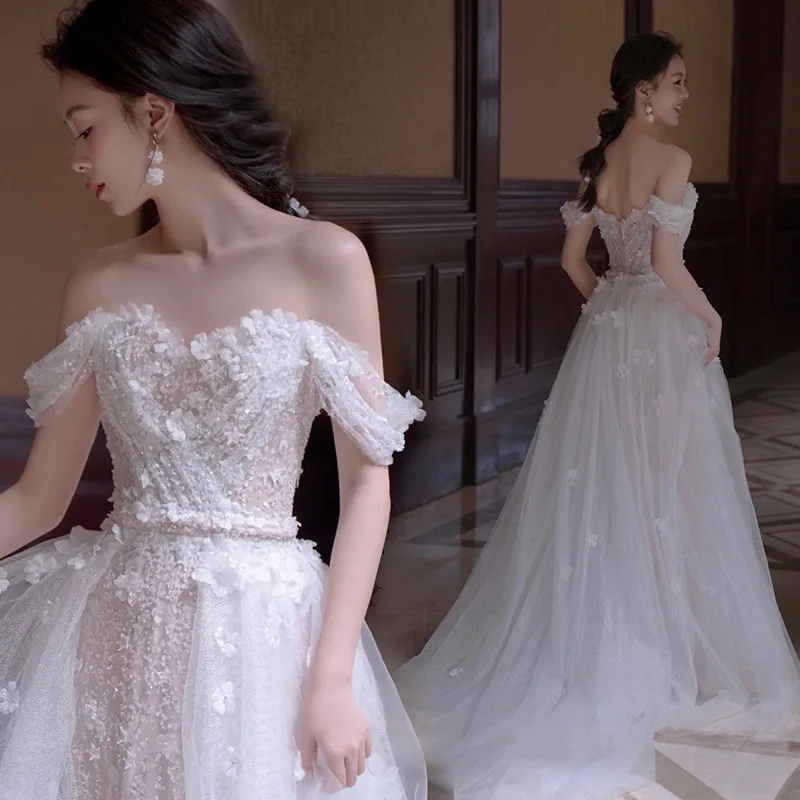 

Romantic Flower French Banquet Evening Dress 2023 New One-shoulder Princess Bride Train Wedding Dress