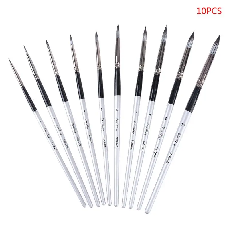 

10 Pcs Nylon Hair Artist Paint Brush Round Point Tip Set Tool Long Handle Acrylic Watercolor Supply Y98A