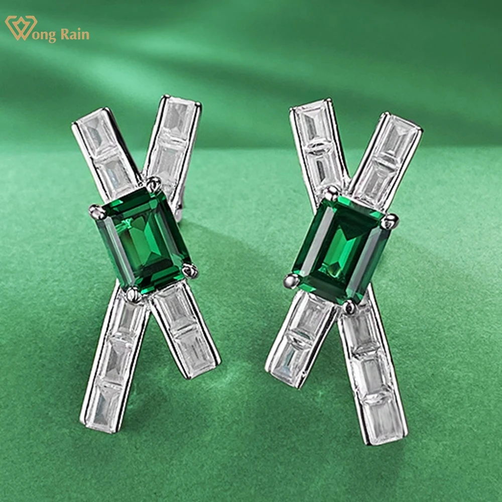 

Wong Rain 100% 925 Sterling Silver 6*8MM Cross Lab Emerald Sapphire Gemstone Ear Srud Earrings Wedding Party Jewelry Wholesale