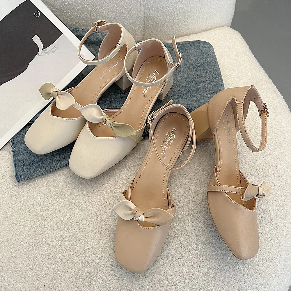 

High heels women's 2022 new temperament goddess fan daily elegant bow apricot gentle Mary Jane small leather shoes
