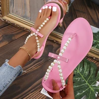 summer women sandals flat clip toe pearl string sandals plus size women shoes 43 trendy beach pink shoes slip on flats