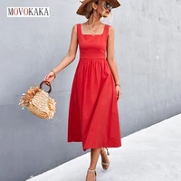 movokaka casual summer dresses women beach square collar slim folds sexy long dress woman solid party elegant dresses for women