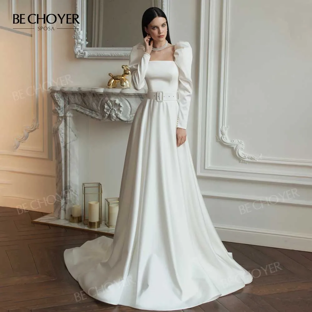 

Женское свадебное платье BECHOYER, атласное винтажное платье трапециевидной формы с длинным рукавом и квадратным вырезом, со шлейфом, модель HB07...