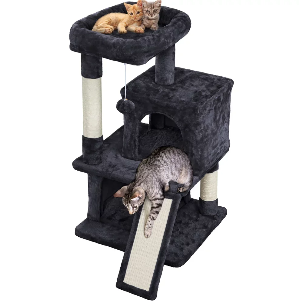 

36" Cat Tree with Condos and Scratching Post Tower, Black, Cat Supplies, Cat Toys, So That Cats Can Play Happily At Home