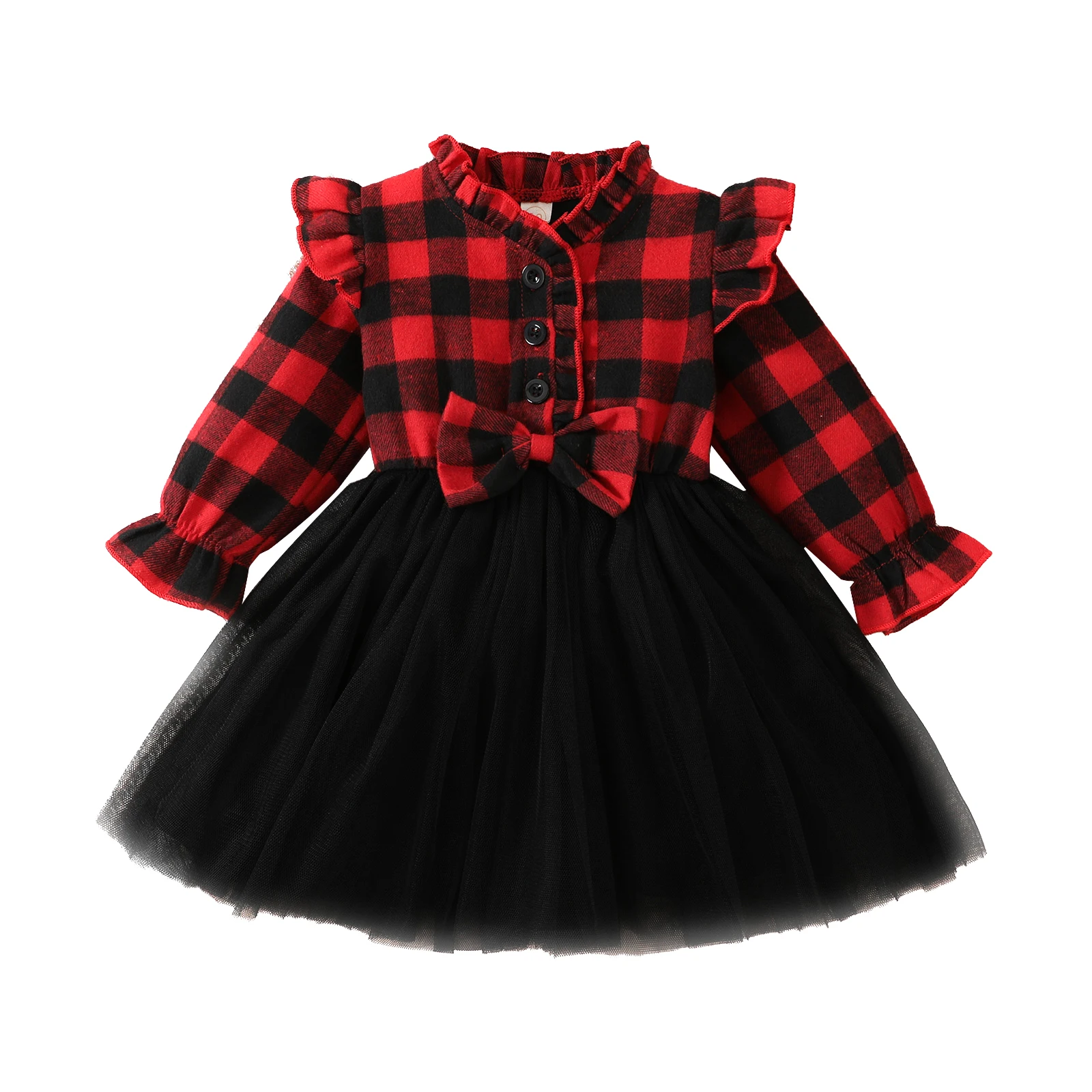 

1-5Y Kids Girls Christmas Dress Plaid Printed Long Sleeve Buttons Bowknot Lace Patchwork Tulle Tutu Dress