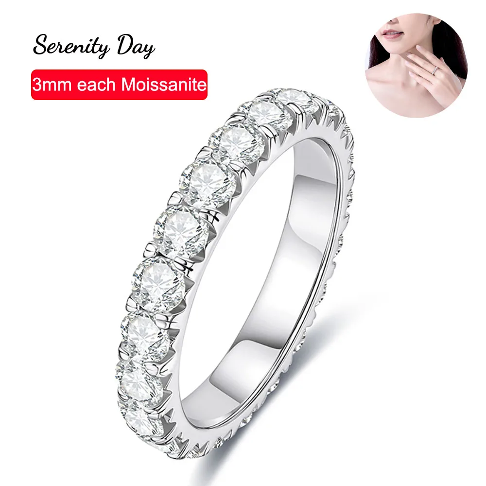 Serenity Day S925 Sterling Silver 3mm Moissanite Row Ring Eight Hearts Eight Arrows Cut D Color VVS1 Diamond Jewelry For Women