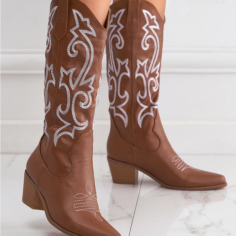 

2022 New Fashion Embossed Microfiber Leather Women's Boots Pointed Toe Western Cowboy Boots Women's Knee Boots Chunky Wedge