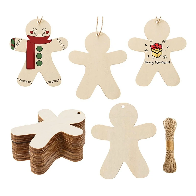 

50PCS Unfinished Wood Gingerbread Man Ornaments Cutouts Blank Wood Gingerbread Men Hanging Decor With Twine Durable