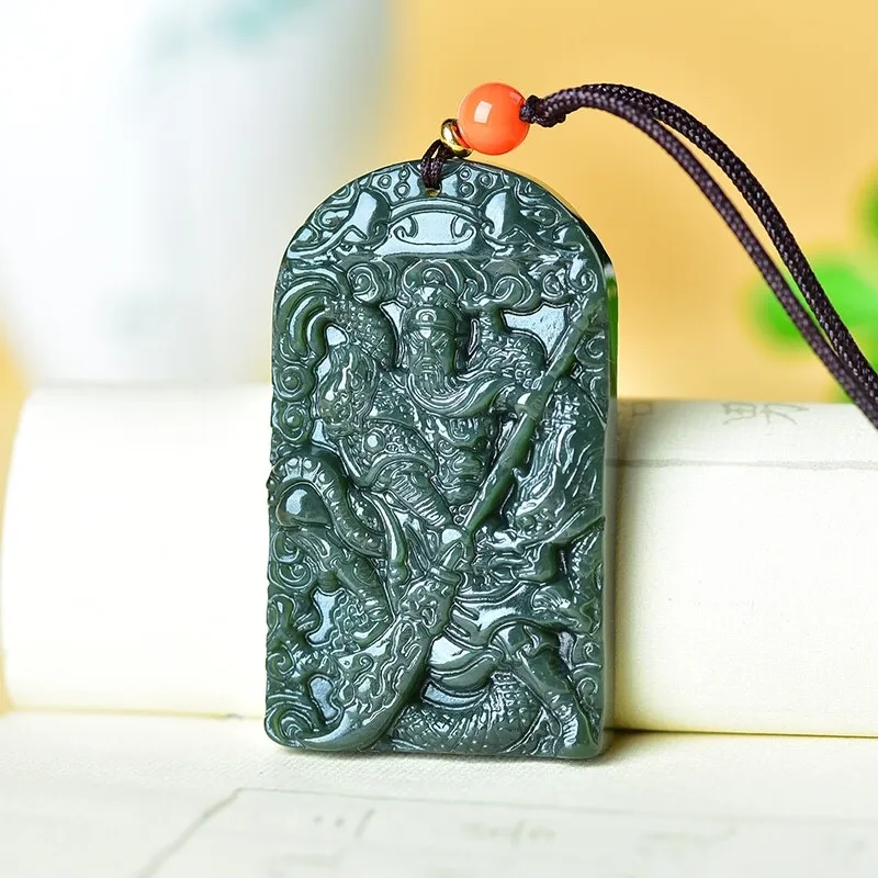 Отправить сертификат натуральный зеленый нефрит Guan Yu Кулон Ожерелье для мужчин и