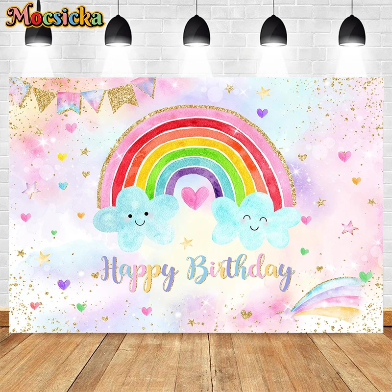 

Mocsicka Children Birthday Happy Background Photography Rainbow Banner Decoration Baby Shower Cake Smash Studio Photo Curtain