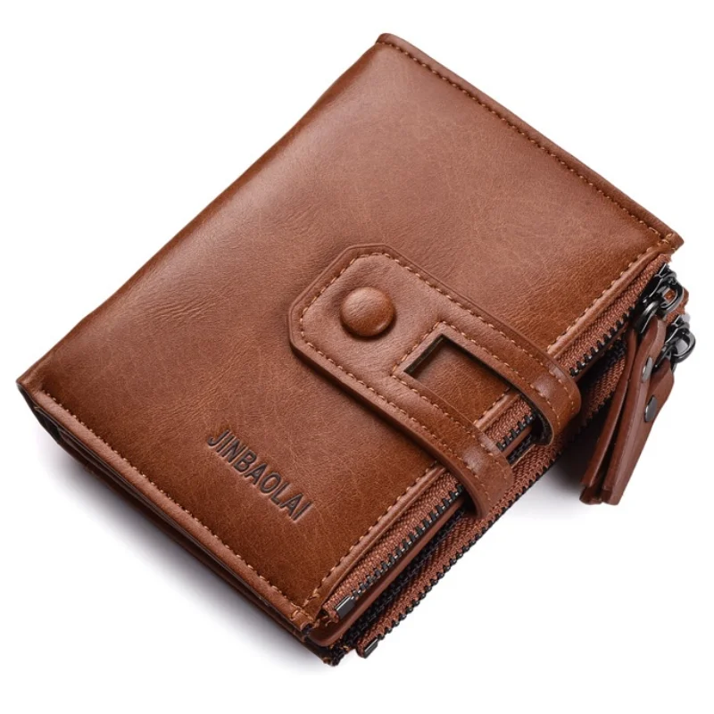 Men Wallets Leather Double Zipper Card Holder Short Male Purse Coin Pocket Vintage Brand High Quailty Men Wallets