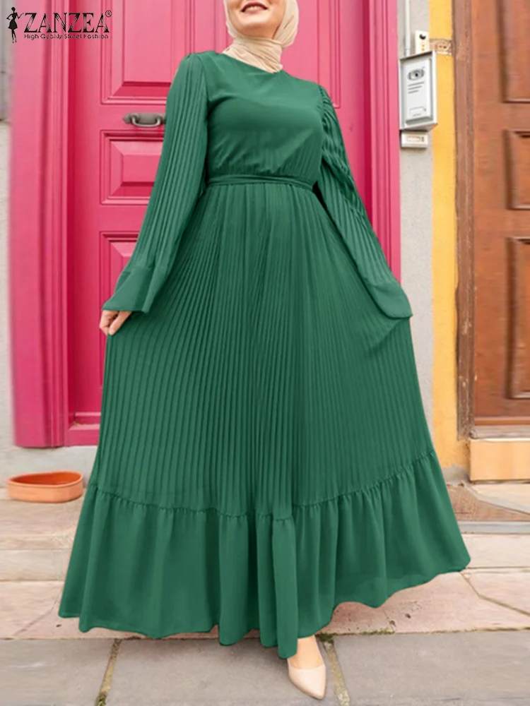 Платье ZANZEA женское Плиссированное в мусульманском стиле, абайя с длинным рукавом-фонариком, однотонный кафтан, сарафан, женское платье