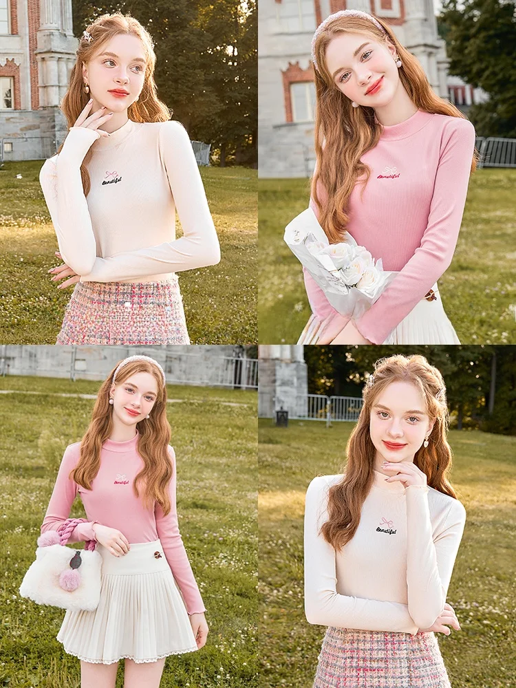 Ge Yi Ni 2025: весна и осень женская французская футболка с воротником до половины