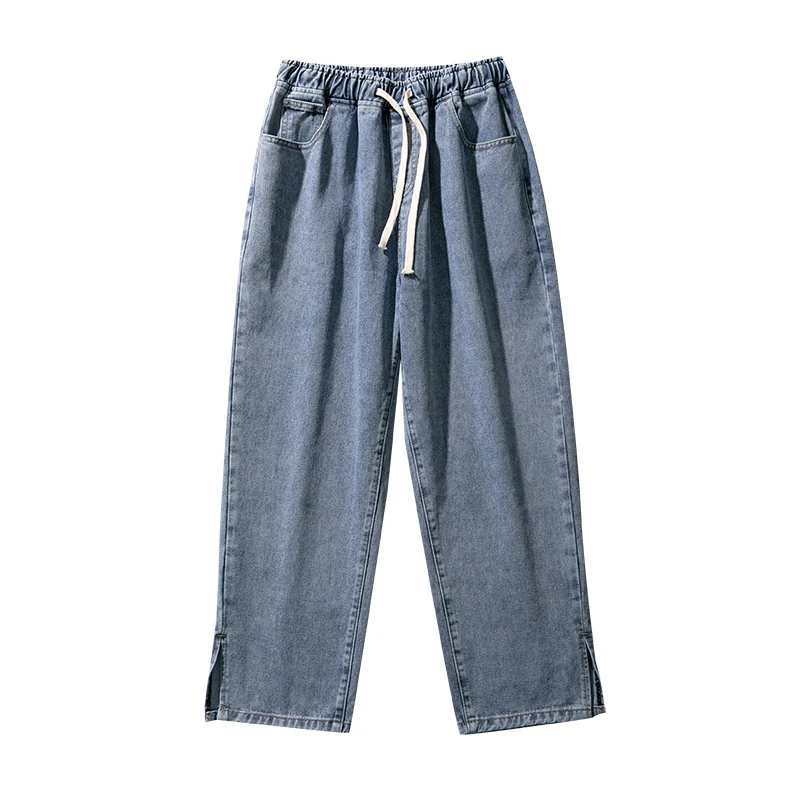 2022 Spring New Men's Korean Fashion Wide-leg Jeans Elastic Waist Drawstring Loose Straight-leg Denim Pants Retro Blue Trousers