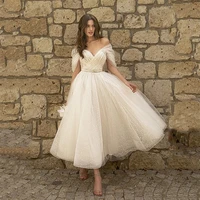 luxury wedding dress tulle ankle length lace up off the shoulder sashes glitter princess gown vestido de novia for women