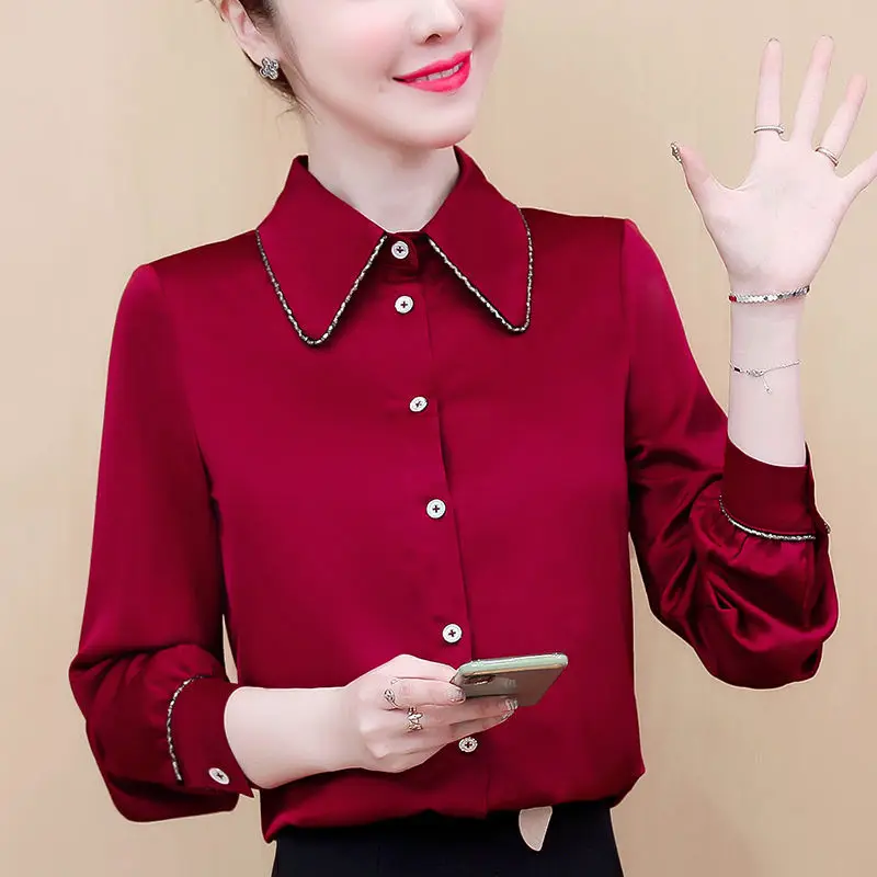 

Blouse 2022 spring doll collar shirt female long -sleeved retro foreign solid casual commute and leisure career thin shirt