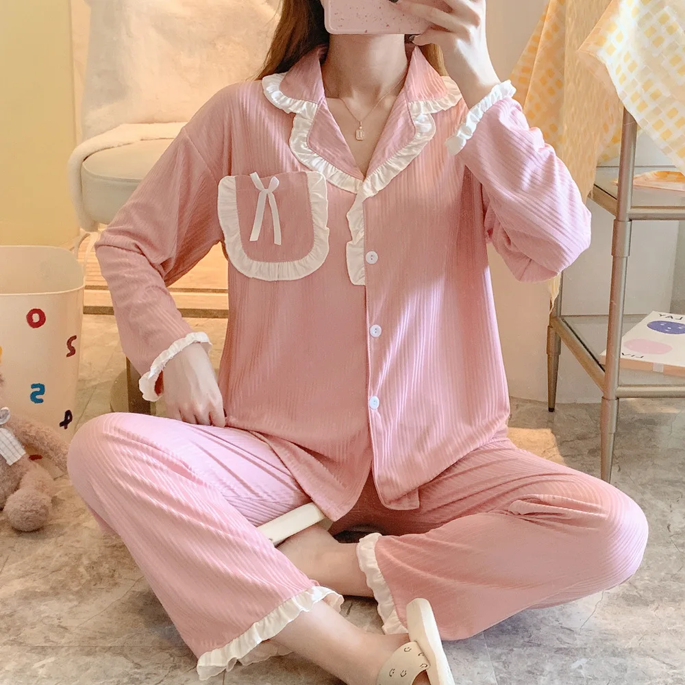 

Women Pajama Sets Girls Nightdress Leisure Loungewear Pajamas Winter Autumn Knitted Cotton Lady Pijamas Woman Fashion Sleepewear