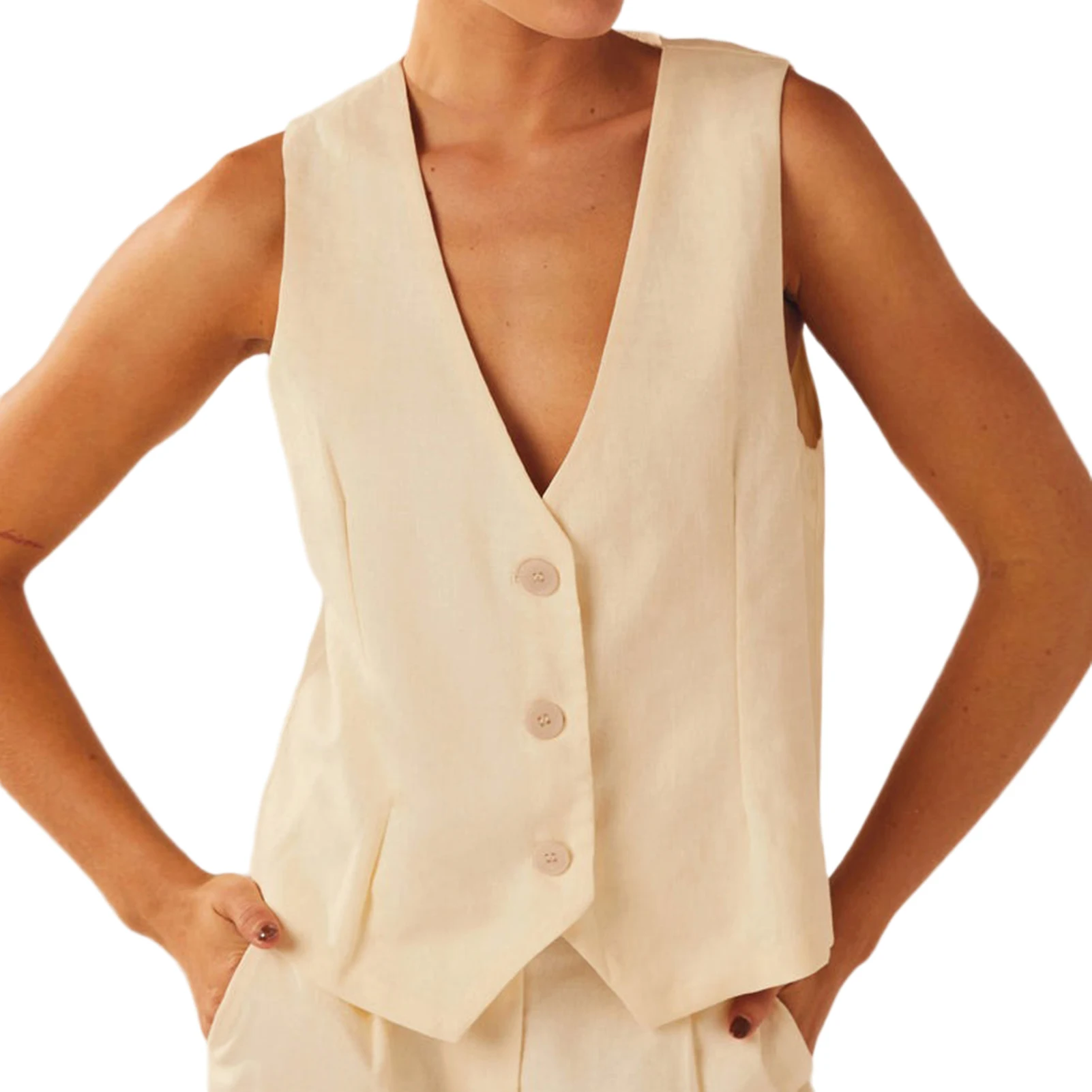 

Women Vest Crop Top Solid Color V Neck Tank Top Single Breasted Basic Waistcoat Casual Style Elegant Simple Daily Outfit