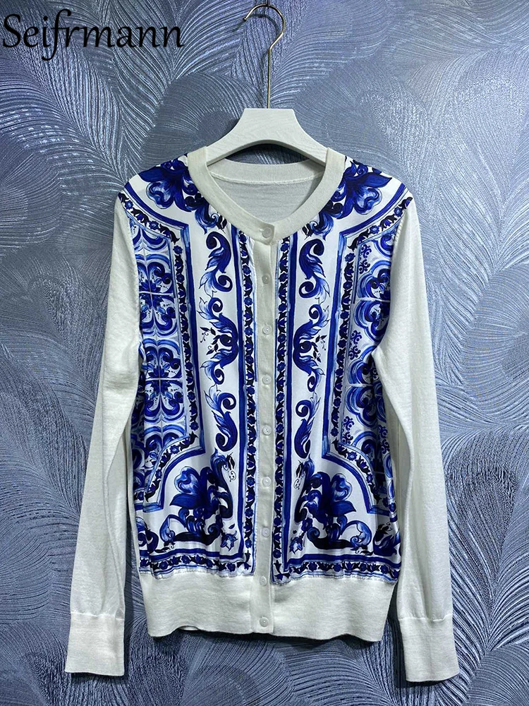 Seifrmann High Quality Autumn Women Fashion Runway Silk Shirt Lantern Sleeve Blue And White Porcelain Print Top Knitting Blouses