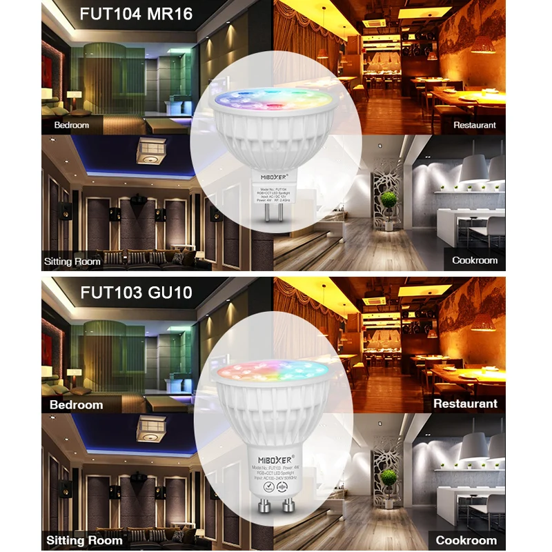 Miboxer GU10 MR16 4W RGB+CCT LED Spotlight FUT103 FUT104 Indoor Lamp Smart Bulb 2.4G Controller RF Remote APP Voice Control