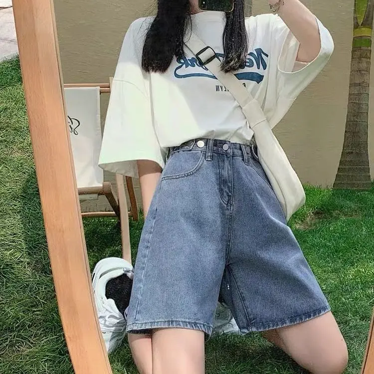 

Fashion Summer Half Women Denim Shorts High Waist Belted Loose Female Short Jeans Streetwear Comfortable Leisure Wide Leg Pants