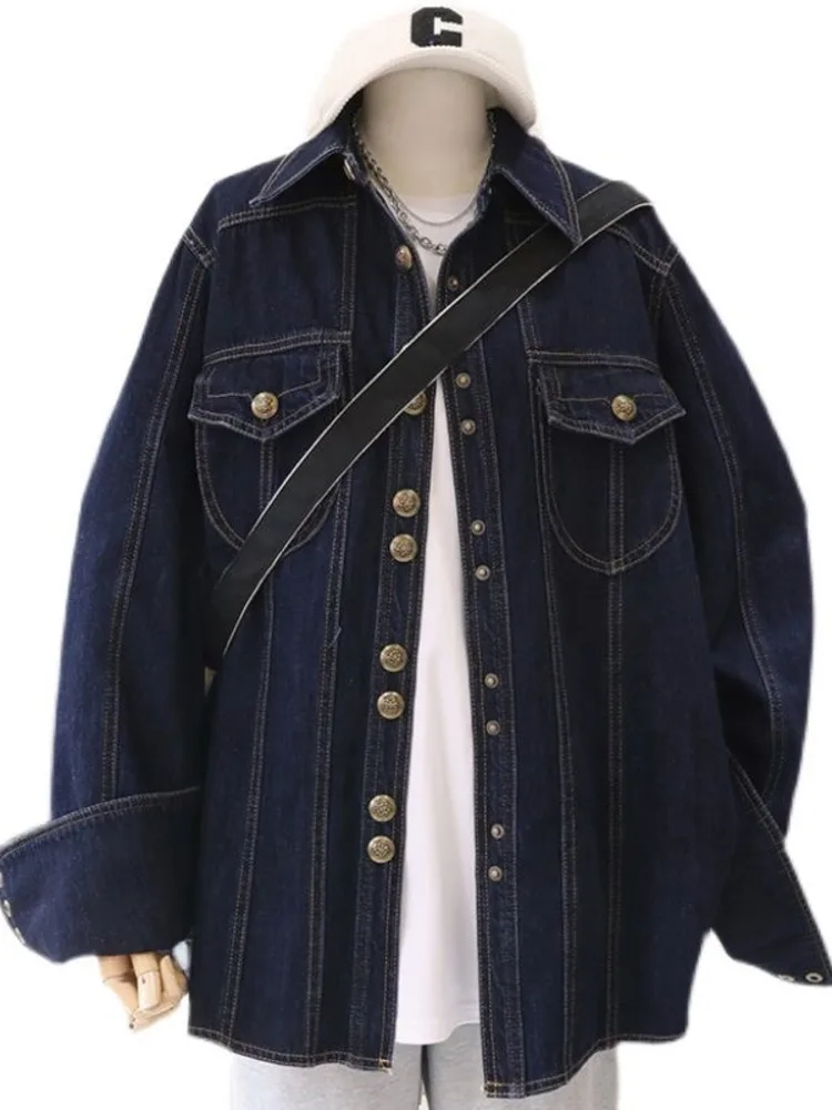 

Женская Джинсовая блузка в стиле ретро, темно-синяя однобортная свободная Джинсовая блузка с отложным воротником и длинным рукавом, верхняя одежда, весна-осень