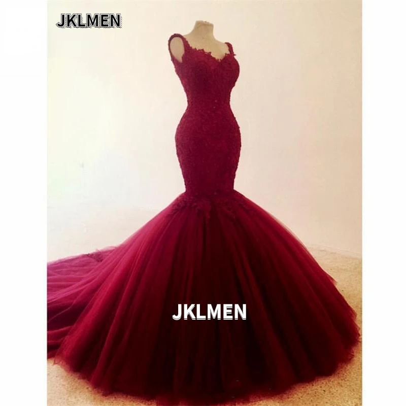 

Burgundy Mermaid Wedding Party Dresses Lace Appliques Sweetheart Backless Prom Gown Tulle Formal Evening Party Dress