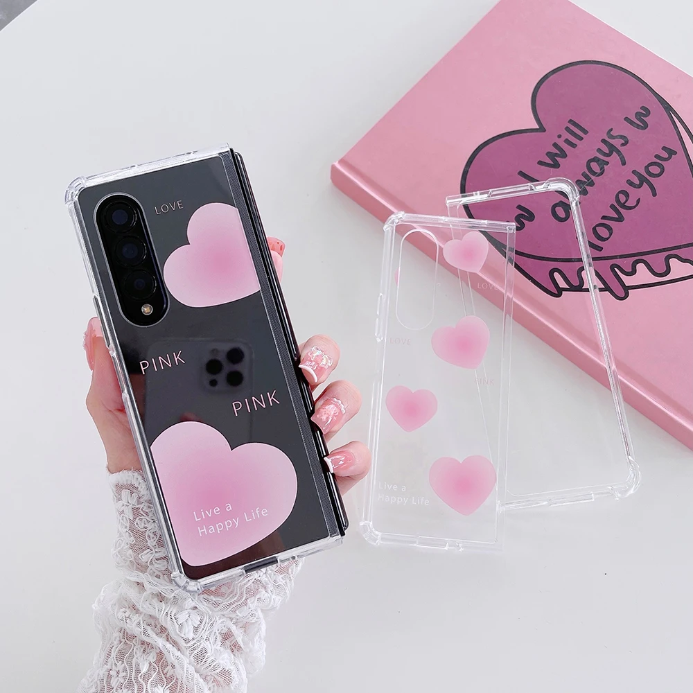 

Pink Love Heart Circle Transparent Phone Case for Samsung Galaxy Z Fold3 5G Hard PC Back Cover for ZFold 3 Case Protective Shell