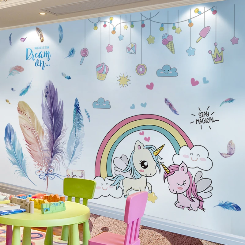 

Cartoon Unicorn Animals Wall Stickers DIY Colorful Feathers Wall Decals for Kids Rooms Baby Bedroom Nursery Home Decoration