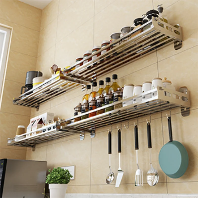 

304 Stainless Steel Kitchen Rack Wall-Mounted No Drilling Pendant Kitchen Supplies Seasoning Storage Rack